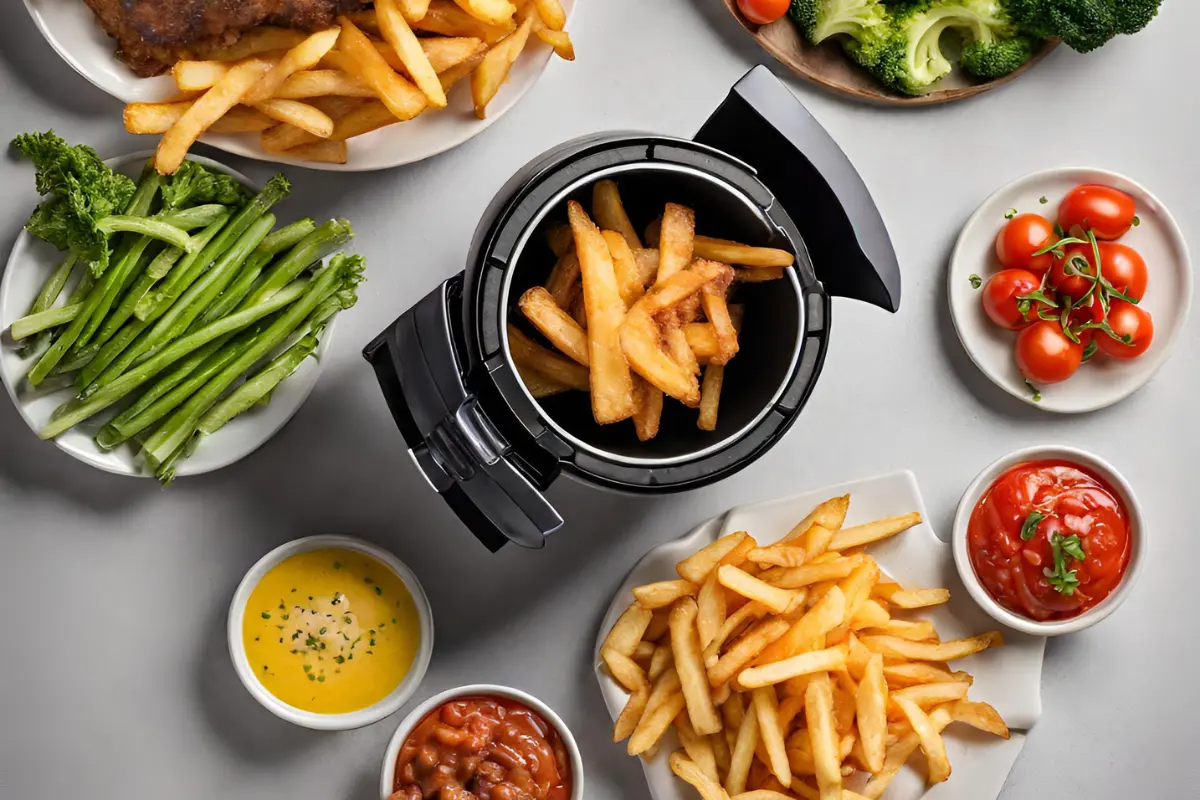 Healthy vegetables and fries cooked in an air fryer.