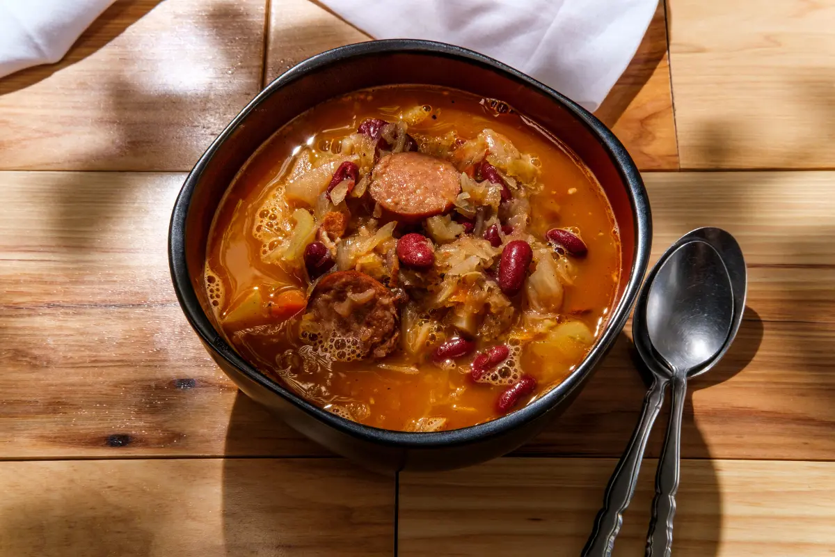 Traditional Polish Kielbasa dish served with garnishes