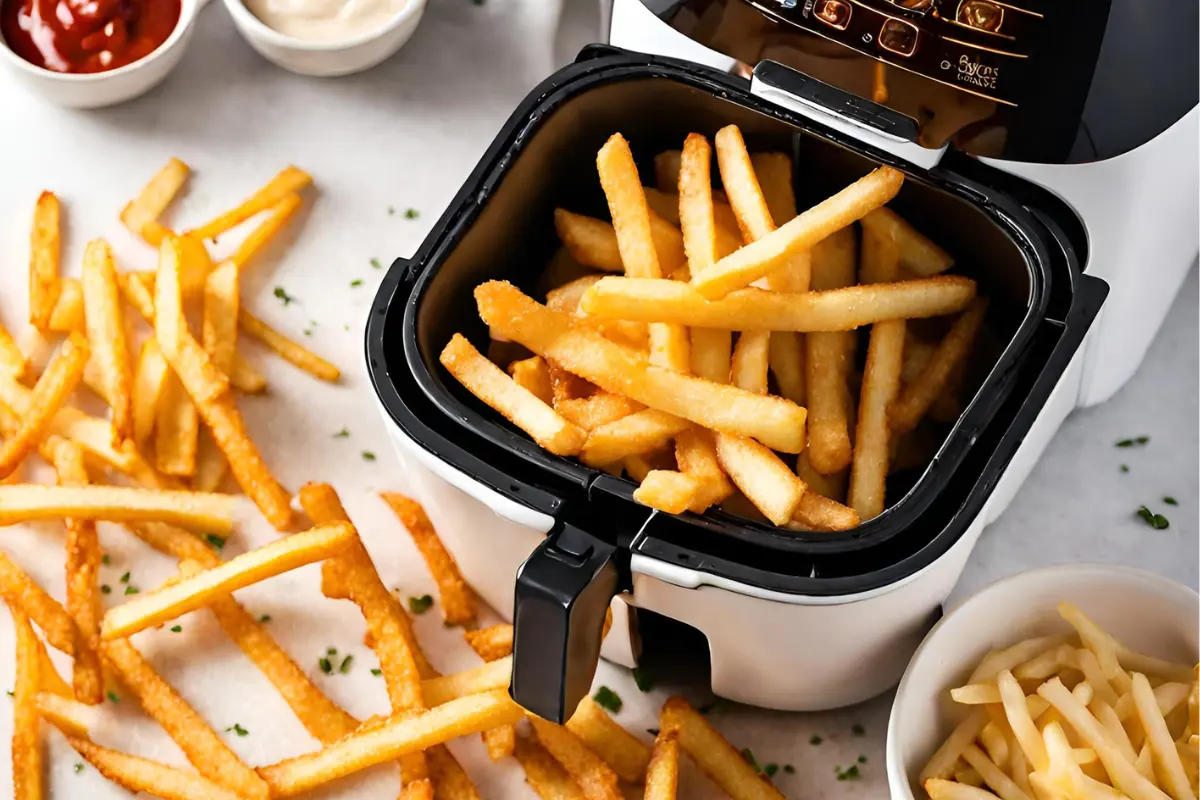 Basket of frozen fries being placed into an air fryer