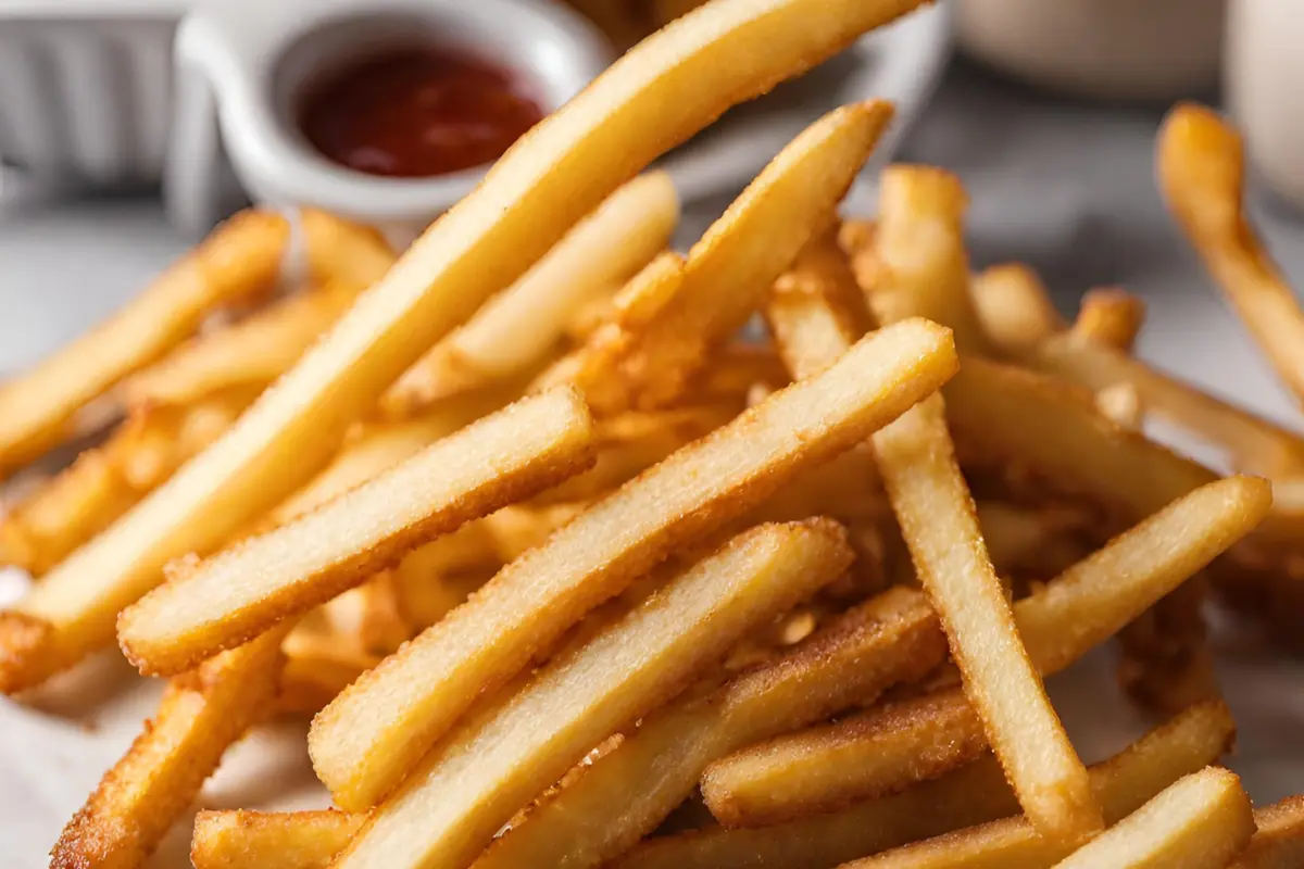 Crispy air fryer frozen fries on a serving plate