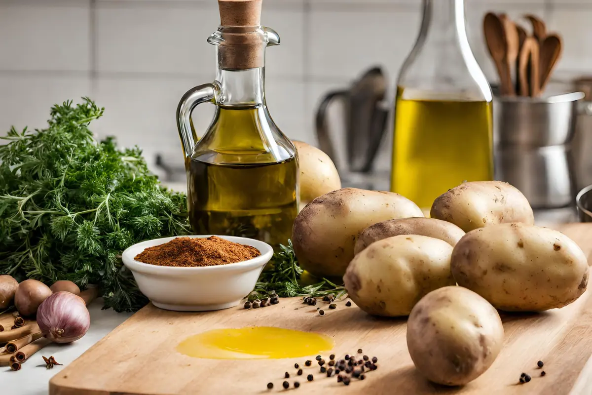 Ingredients for making hash browns laid out on a kitchen counter.