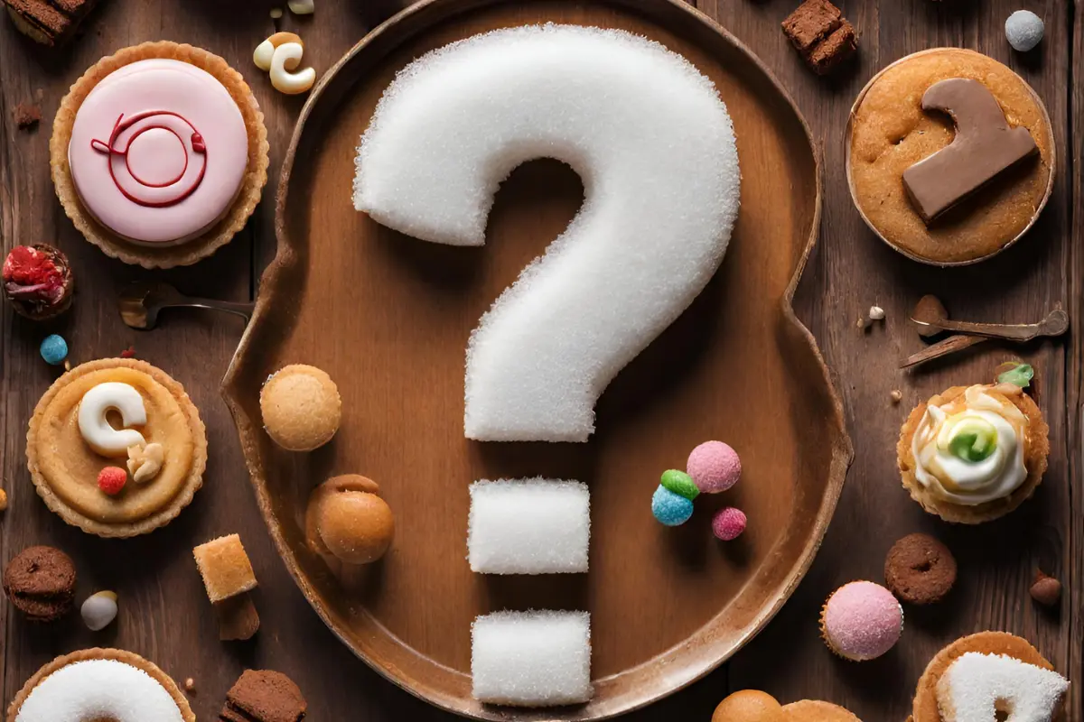 Question mark symbol surrounded by assorted desserts