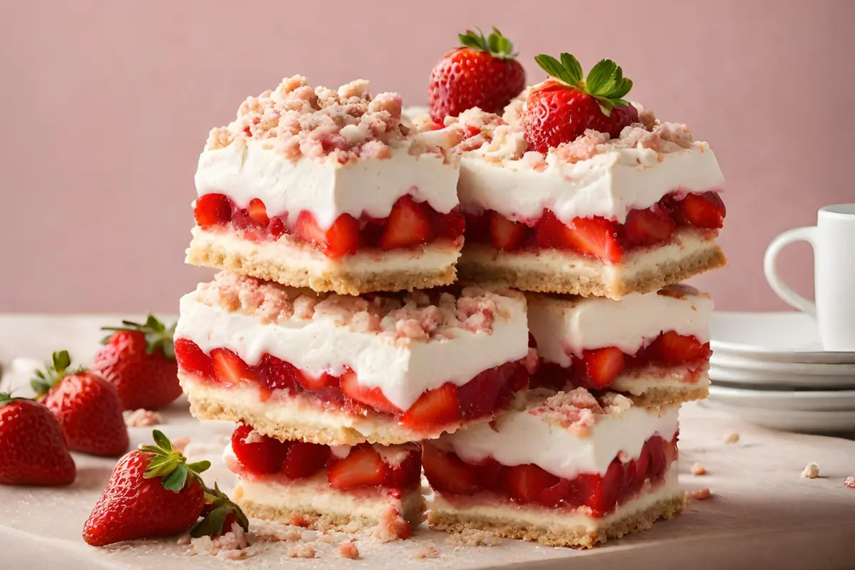 Delicious strawberry shortcake bars on a serving plate