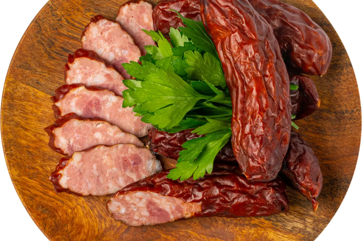 Traditional Polish kielbasa on a rustic table.