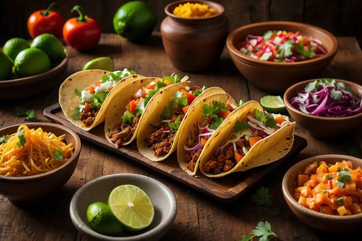 Assorted colorful Mexican tacos on a table