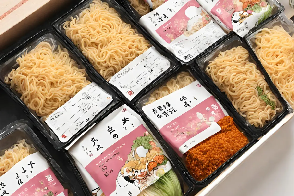 Packaged frozen ramen kit with various flavors.