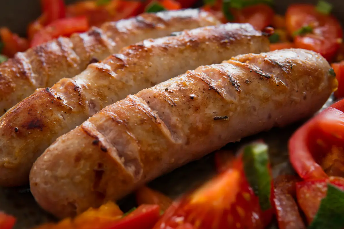 Grilled kielbasa sausage with grill marks.