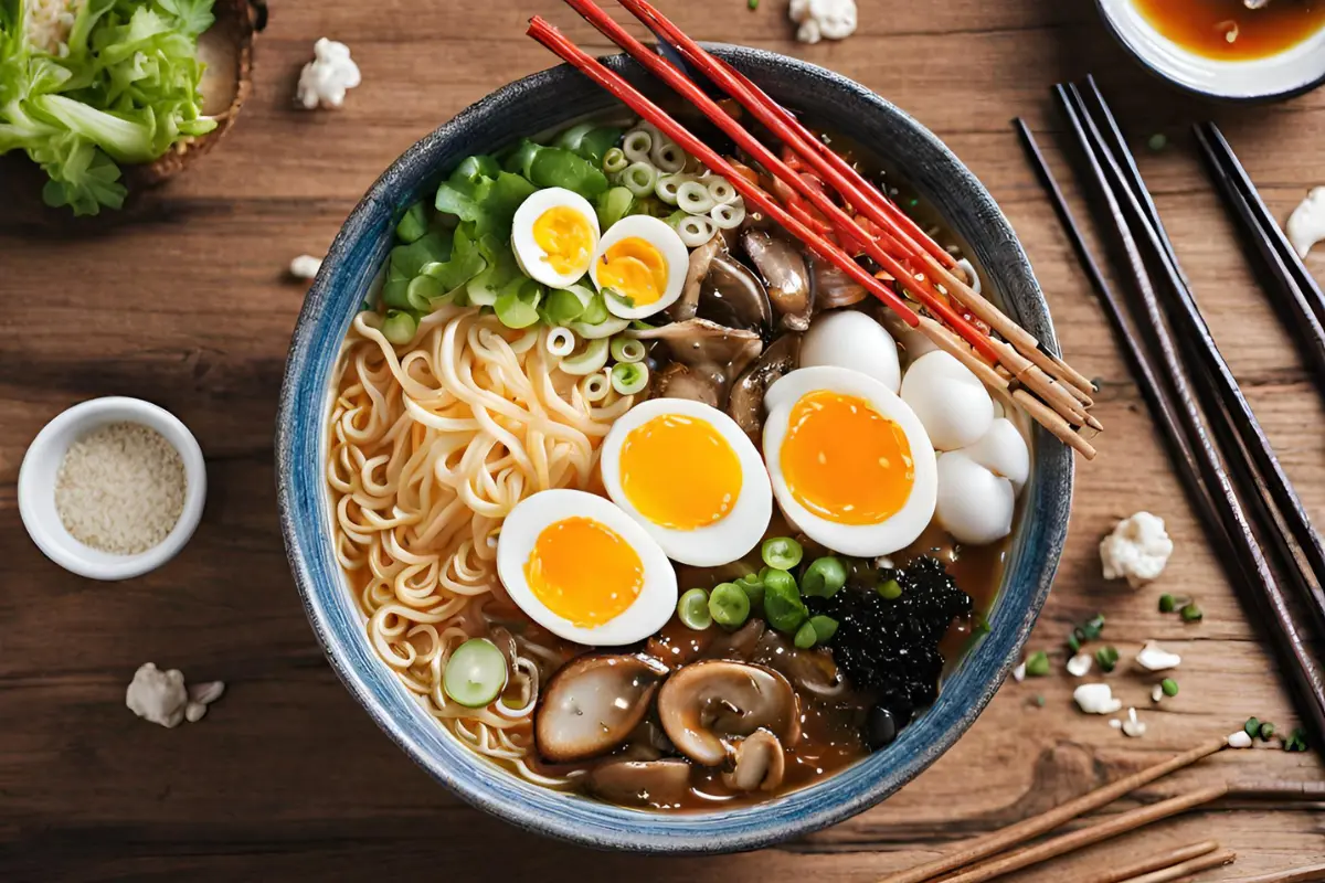 Customized ramen bowl with various toppings.