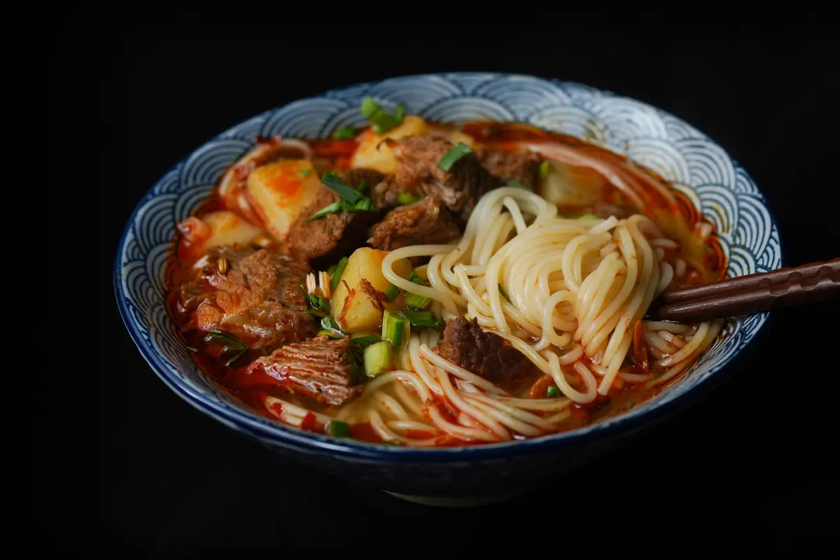 Delicious ramen noodles in a bowl with toppings