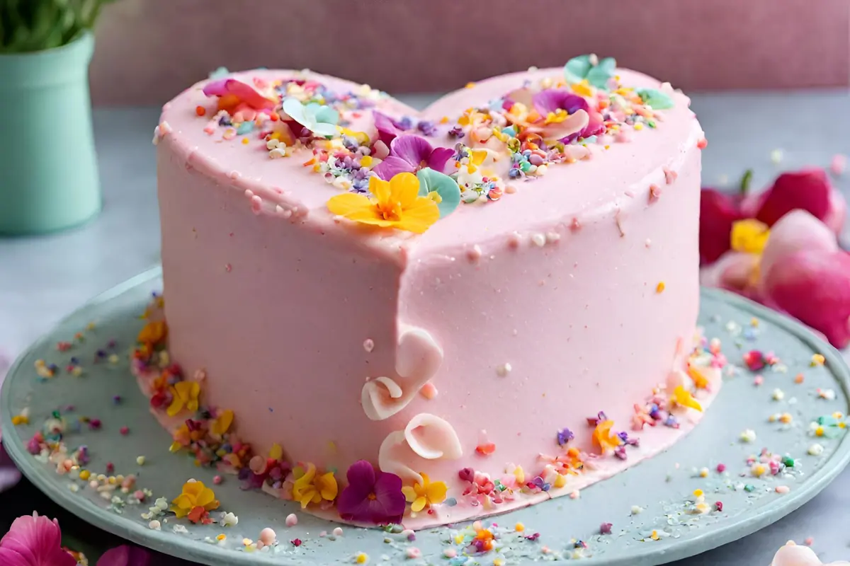 Frosting a heart-shaped cake