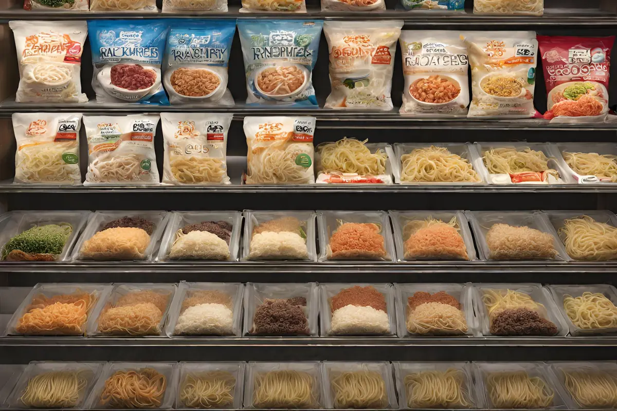 Assorted packages of frozen ramen on a kitchen shelf.