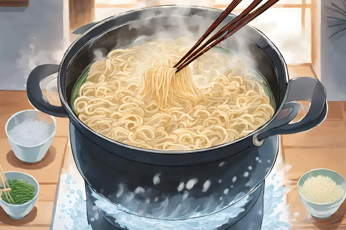 Ramen noodles boiling in a large pot with steam rising.