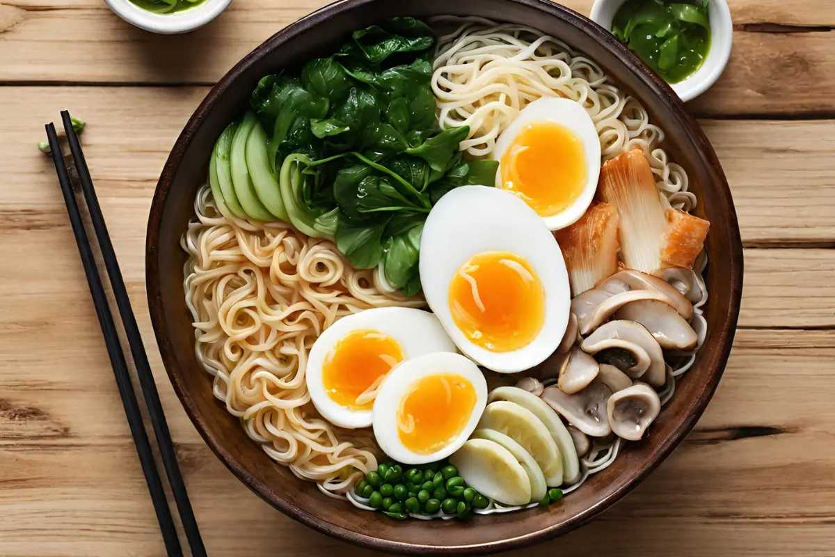 A beautifully arranged ramen bowl with various toppings.