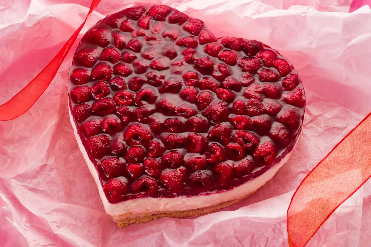 Elegant heart-shaped cake adorned with romantic decorations