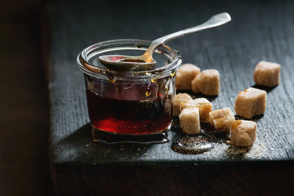 Glass jar filled with homemade brown sugar syrup