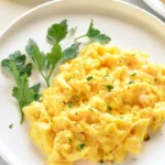 Oven-baked scrambled eggs ready to be served