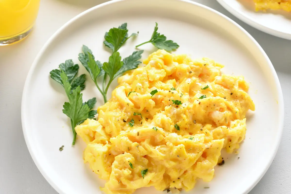 Oven-baked scrambled eggs ready to be served